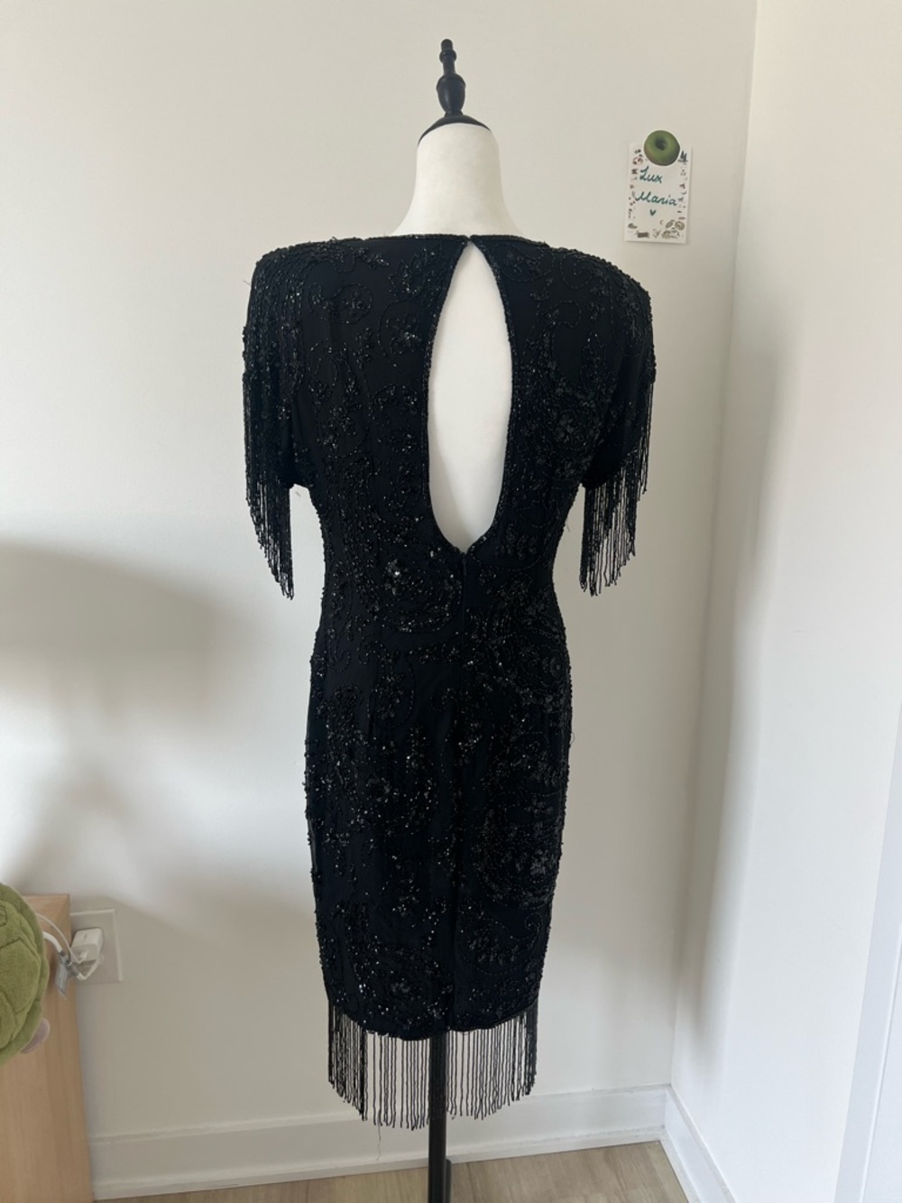 Vintage 70s Silk Oleg Cassini Black Beaded Fringe Sequin Dress Size 10  Flapper - Picture 2 of 9